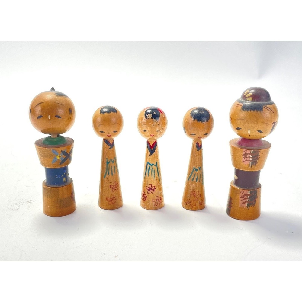 Kokeshi Dolls Japan Wood Hand Painted Marked Lot of 5 Mid Century Folk Art